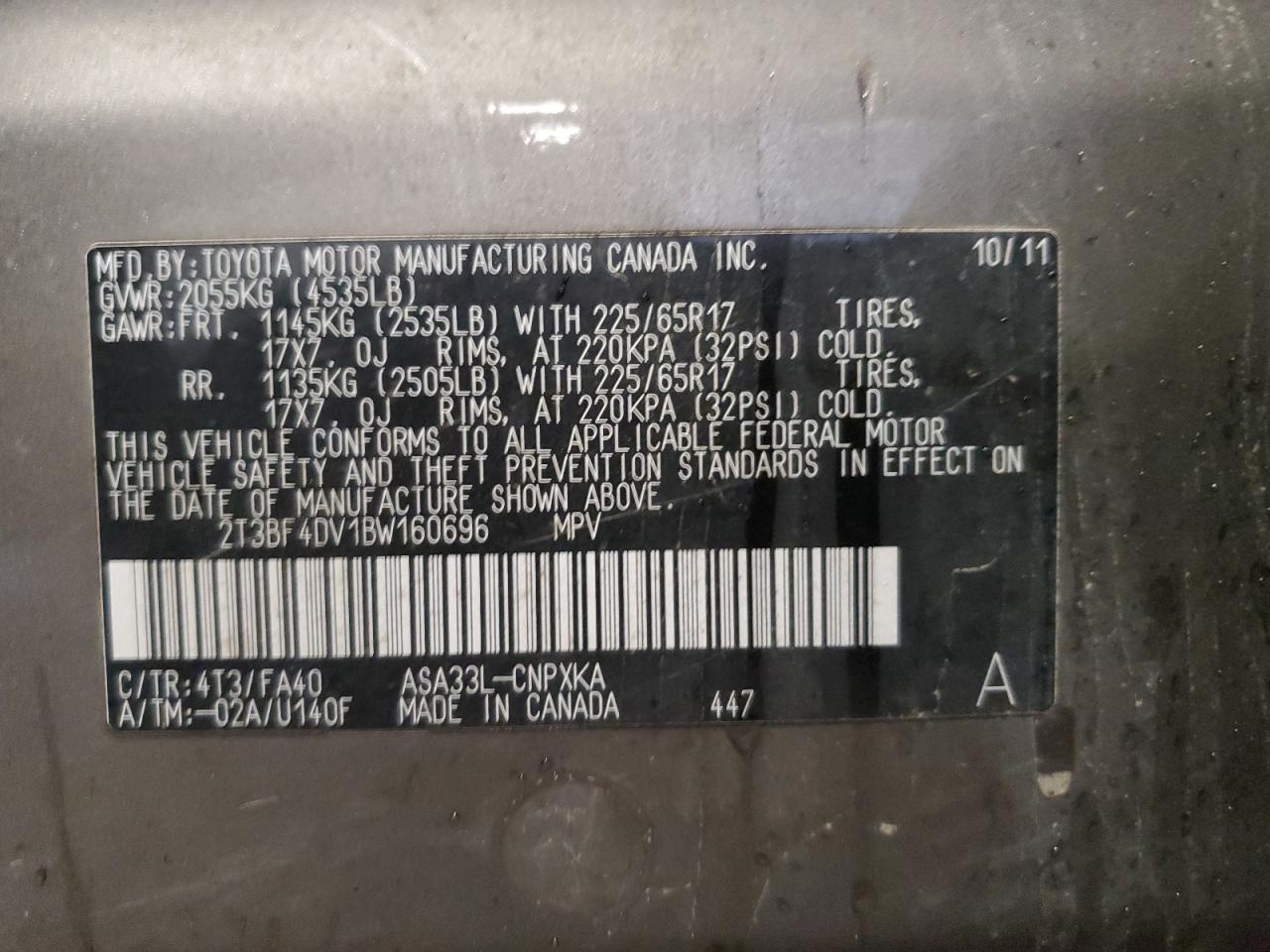 2011 Toyota Rav4 VIN: 2T3BF4DV1BW160696 Lot: 93192365