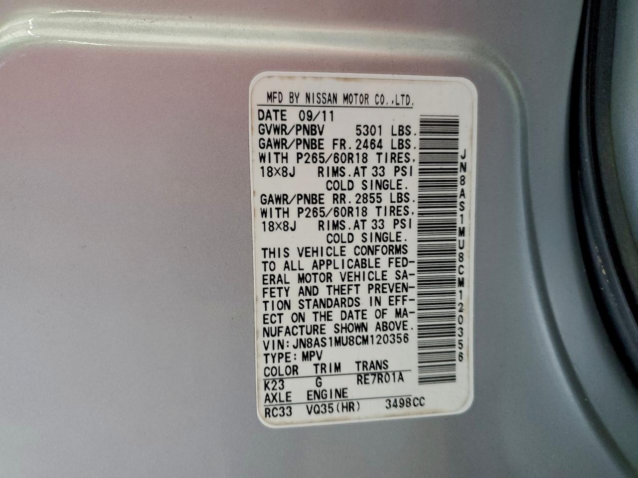 2012 Infiniti Fx35 VIN: JN8AS1MU8CM120356 Lot: 94234895