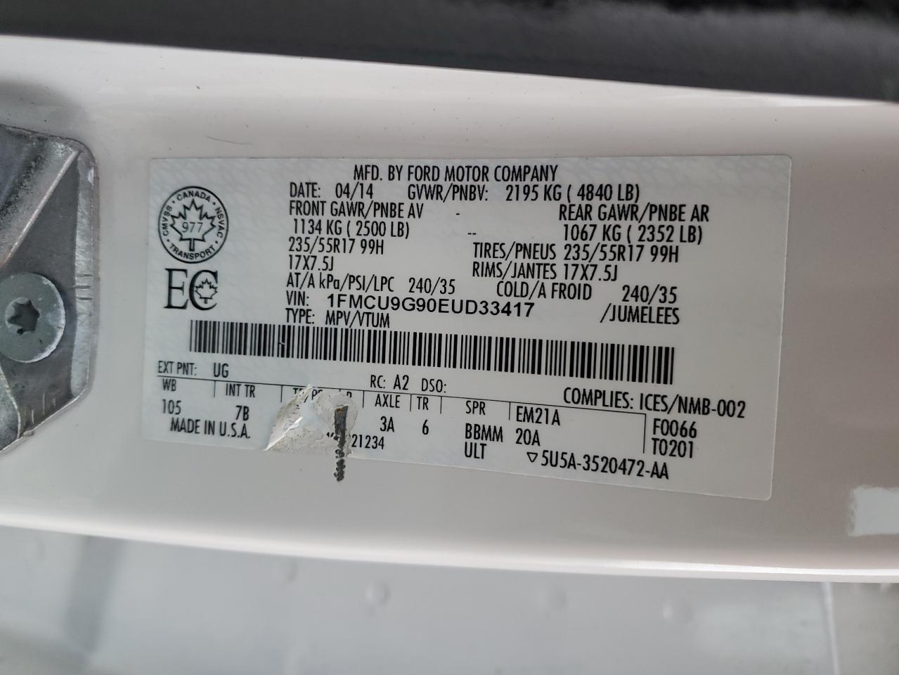 2014 Ford Escape Se VIN: 1FMCU9G90EUD33417 Lot: 91560745