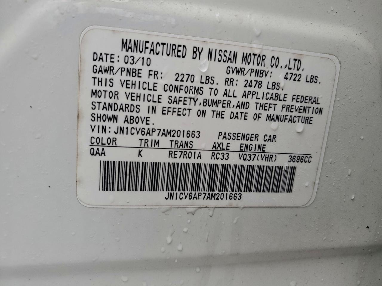 2010 Infiniti G37 Base VIN: JN1CV6AP7AM201663 Lot: 94711845