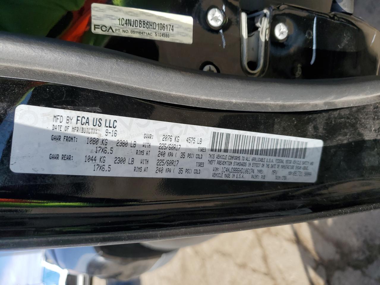 2017 Jeep Compass Sport VIN: 1C4NJDBB6HD106174 Lot: 91281665