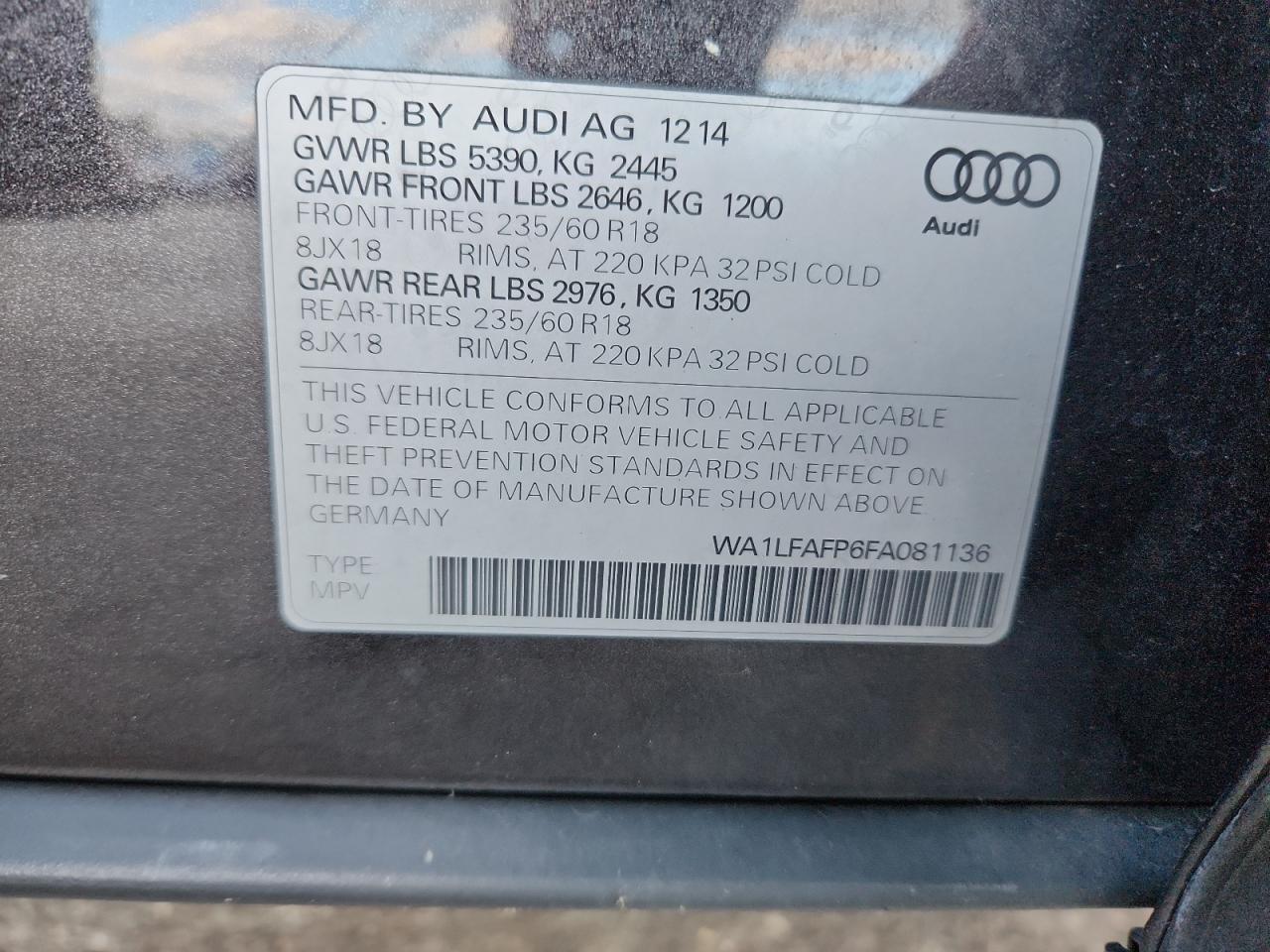 2015 Audi Q5 Premium Plus VIN: WA1LFAFP6FA081136 Lot: 92659895