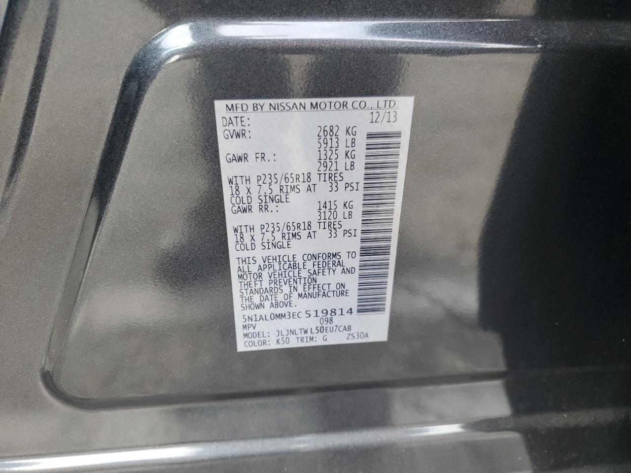 2014 Infiniti Qx60 VIN: 5N1AL0MM3EC519814 Lot: 92079465