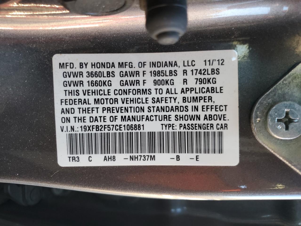 2012 Honda Civic Lx VIN: 19XFB2F57CE106881 Lot: 92496685