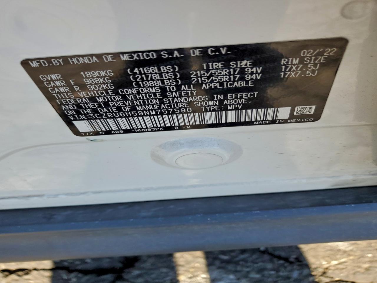 2022 Honda Hr-V Ex VIN: 3CZRU6H59NM757590 Lot: 93828075