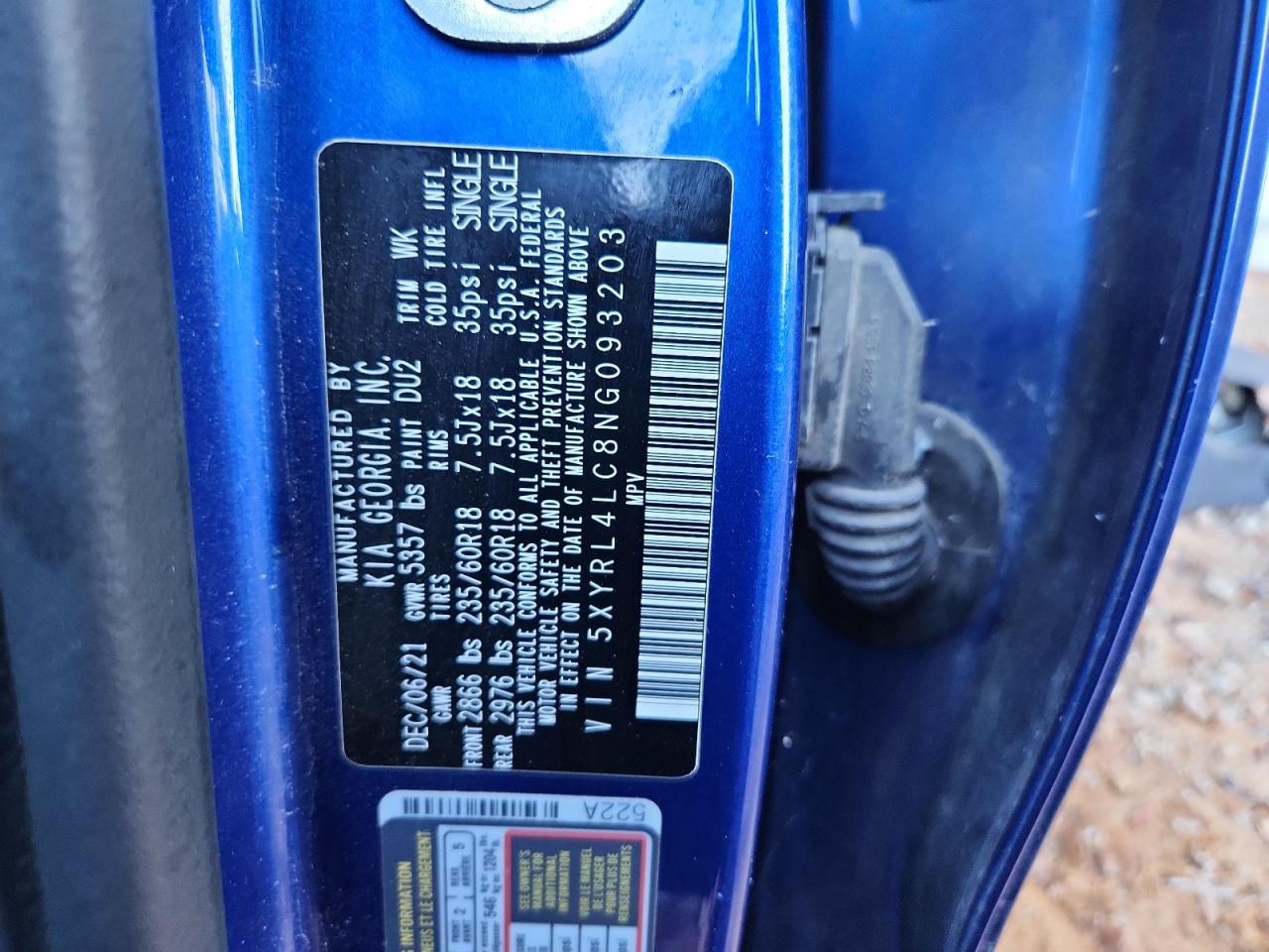 2022 Kia Sorento S VIN: 5XYRL4LC8NG093203 Lot: 91276485