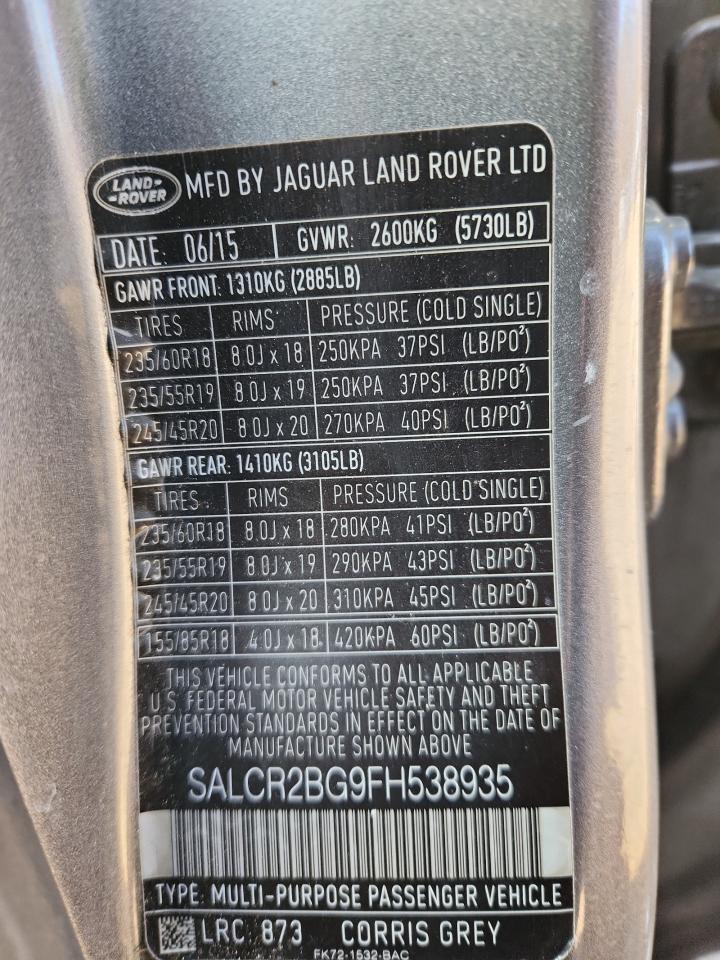 2015 Land Rover Discovery Sport Hse VIN: SALCR2BG9FH538935 Lot: 91849725