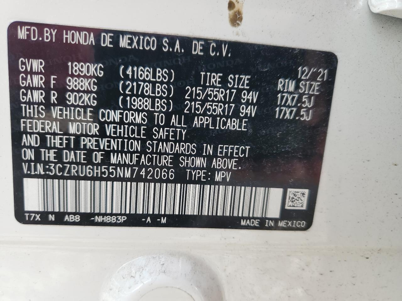 2022 Honda Hr-V Ex VIN: 3CZRU6H55NM742066 Lot: 90897705