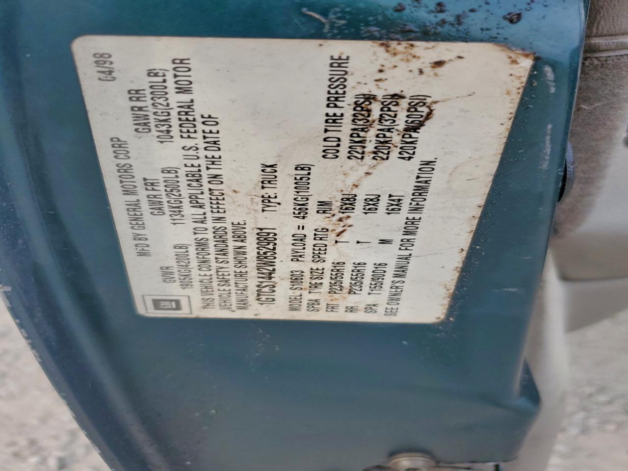 1998 GMC Sonoma VIN: 1GTCS1442W8529891 Lot: 93914015