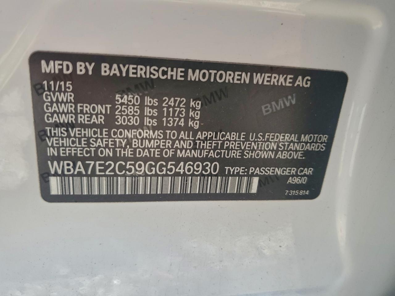 2016 BMW 740 I VIN: WBA7E2C59GG546930 Lot: 94111185