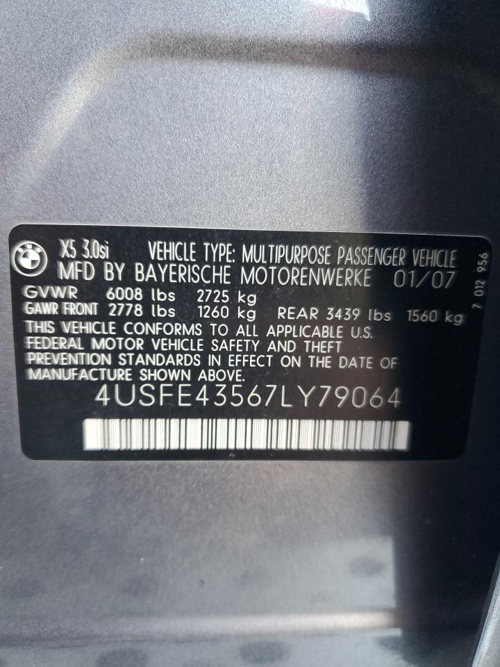2007 BMW X5 3.0I VIN: 4USFE43567LY79064 Lot: 90909305