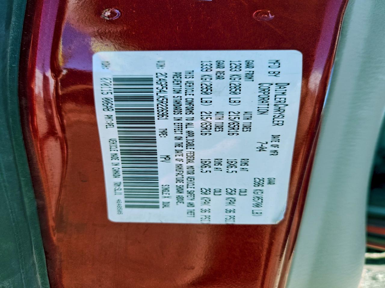 2005 Chrysler Town & Country Touring VIN: 2C4GP54LX5R226961 Lot: 93922125