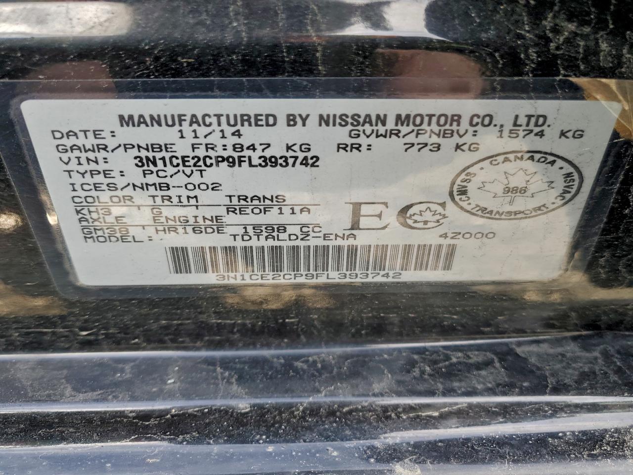 2015 Nissan Versa Note S VIN: 3N1CE2CP9FL393742 Lot: 93812445