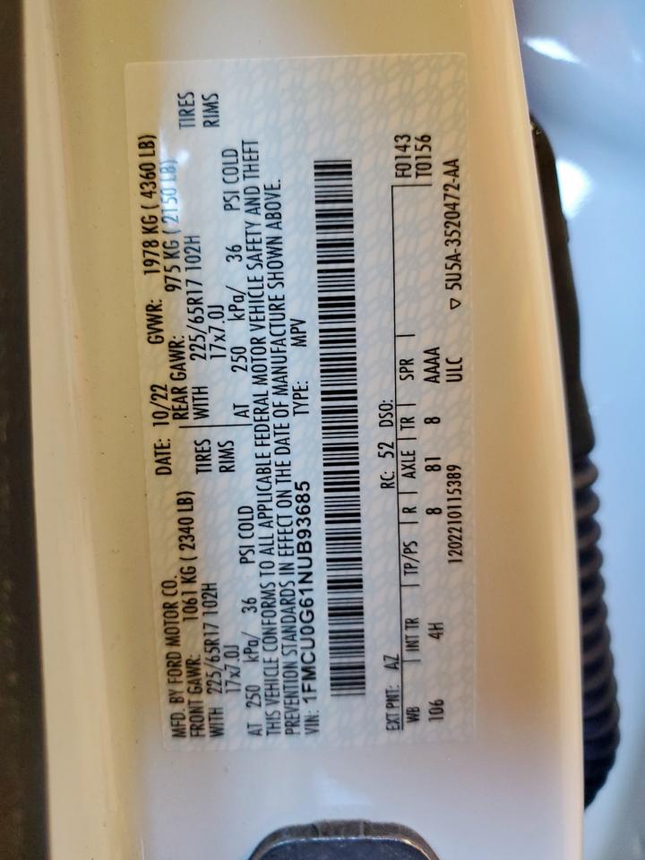 2022 Ford Escape Se VIN: 1FMCU0G61NUB93685 Lot: 91674885