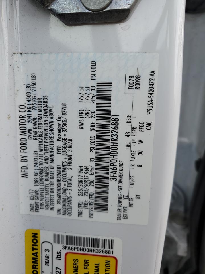 2017 Ford Fusion Se VIN: 3FA6P0HD0HR326881 Lot: 92196235