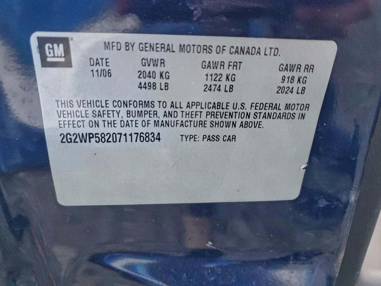 2007 Pontiac Grand Prix VIN: 2G2WP582071176834 Lot: 93364485