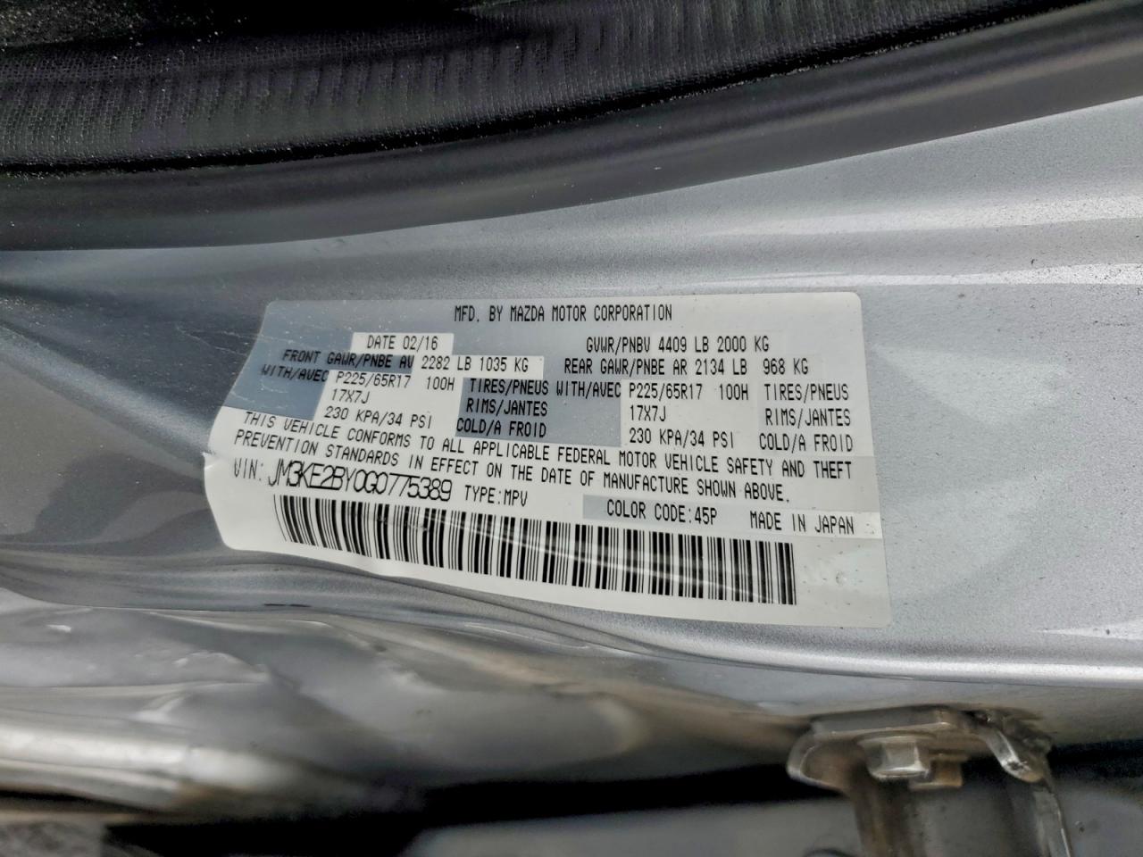 2016 Mazda Cx-5 Sport VIN: JM3KE2BY0G0775389 Lot: 94300235