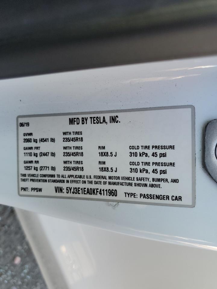 2019 Tesla Model 3 VIN: 5YJ3E1EA0KF411960 Lot: 91627825