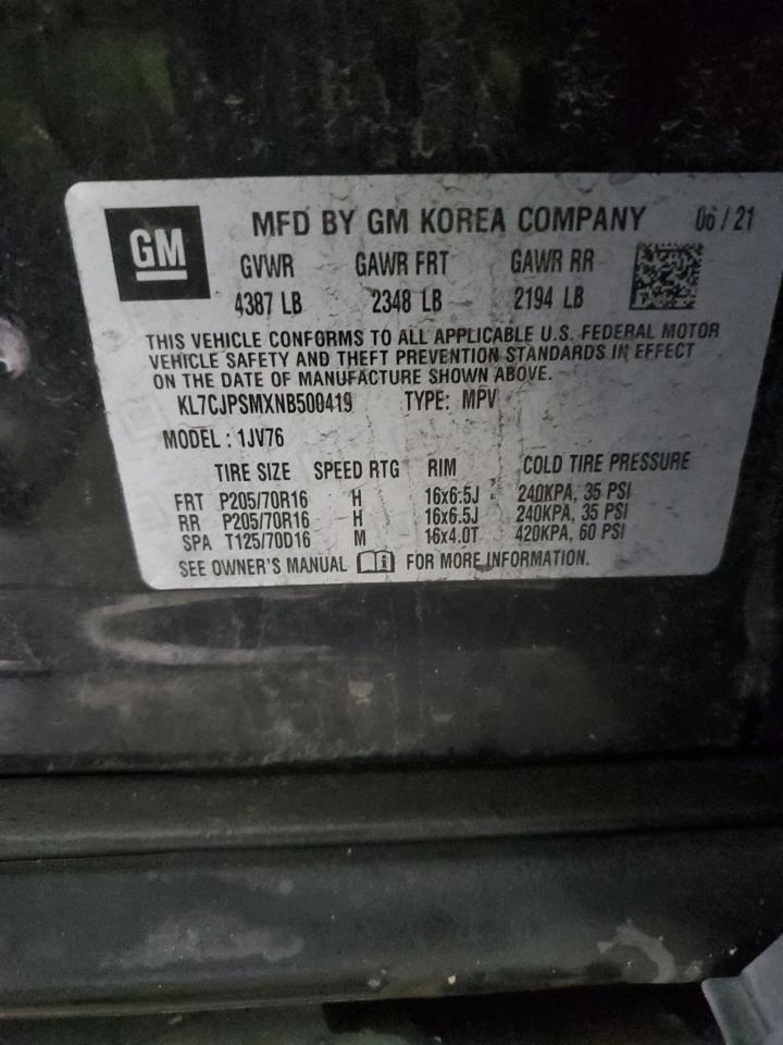 2022 Chevrolet Trax 1Lt VIN: KL7CJPSMXNB500419 Lot: 93209565