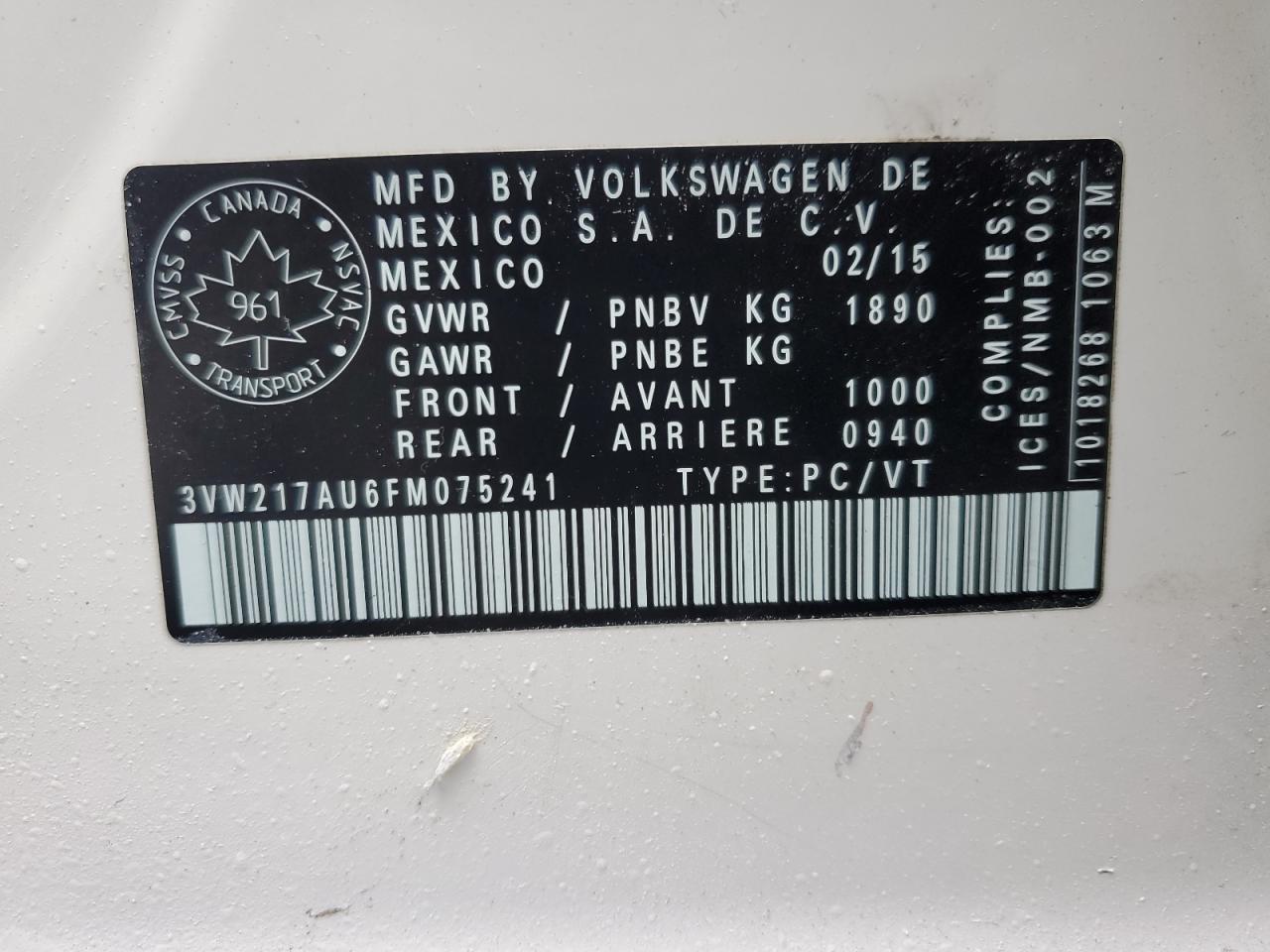 2015 Volkswagen Golf VIN: 3VW217AU6FM075241 Lot: 92435865