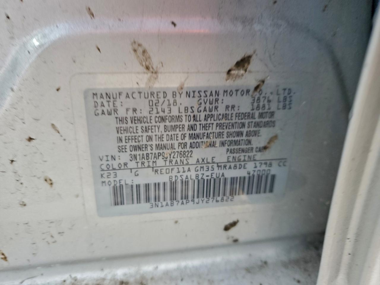 2018 Nissan Sentra S VIN: 3N1AB7AP9JY276822 Lot: 93421435