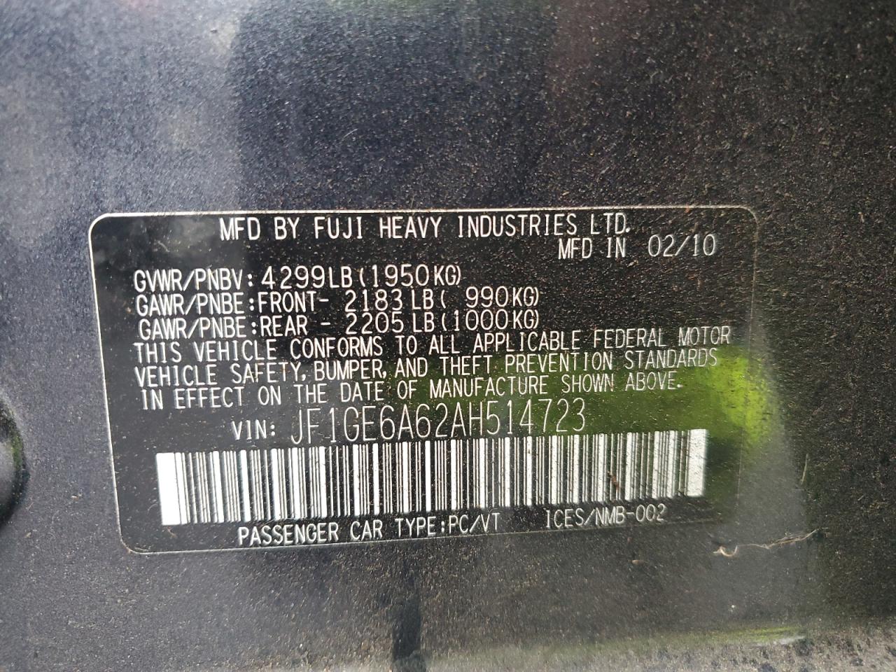 2010 Subaru Impreza 2.5I VIN: JF1GE6A62AH514723 Lot: 91856985