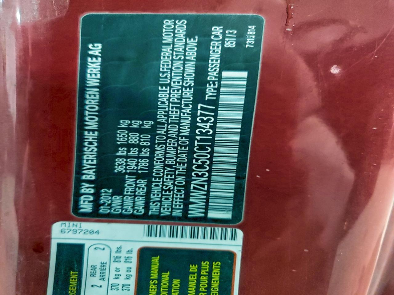 2012 Mini Cooper VIN: WMWZN3C50CT134377 Lot: 91863165