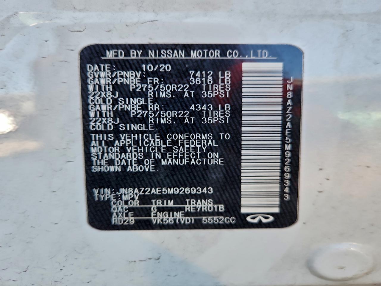 2021 Infiniti Qx80 Luxe VIN: JN8AZ2AE5M9269343 Lot: 93258525