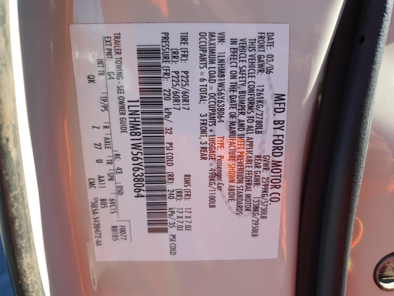 2006 Lincoln Town Car Signature VIN: 1LNHM81W56Y638064 Lot: 92654125