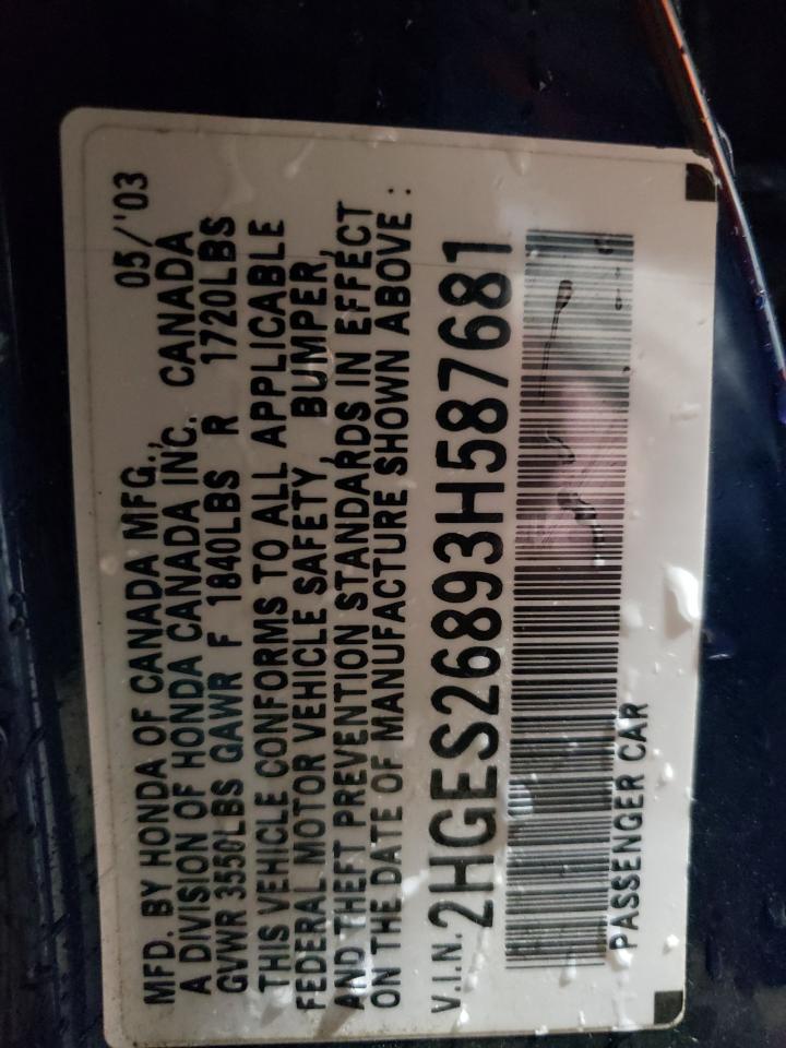 2003 Honda Civic Ex VIN: 2HGES26893H587681 Lot: 92580785