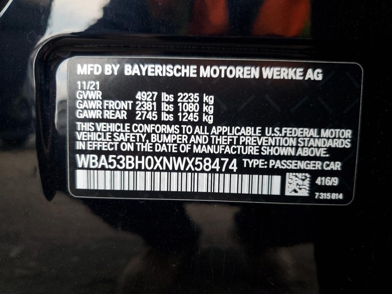 2022 BMW 530 I VIN: WBA53BH0XNWX58474 Lot: 92439535