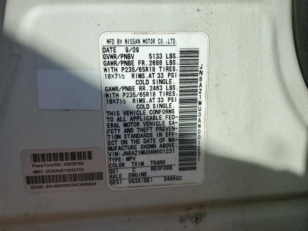 2010 Nissan Murano S VIN: JN8AZ1MU0AW001231 Lot: 92368275