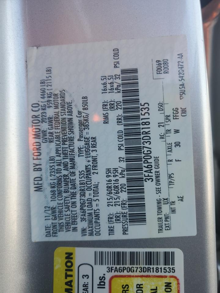 2013 Ford Fusion S VIN: 3FA6P0G73DR181535 Lot: 91909505