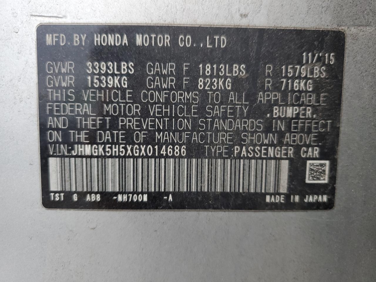 2016 Honda Fit Lx VIN: JHMGK5H5XGX014686 Lot: 92380615