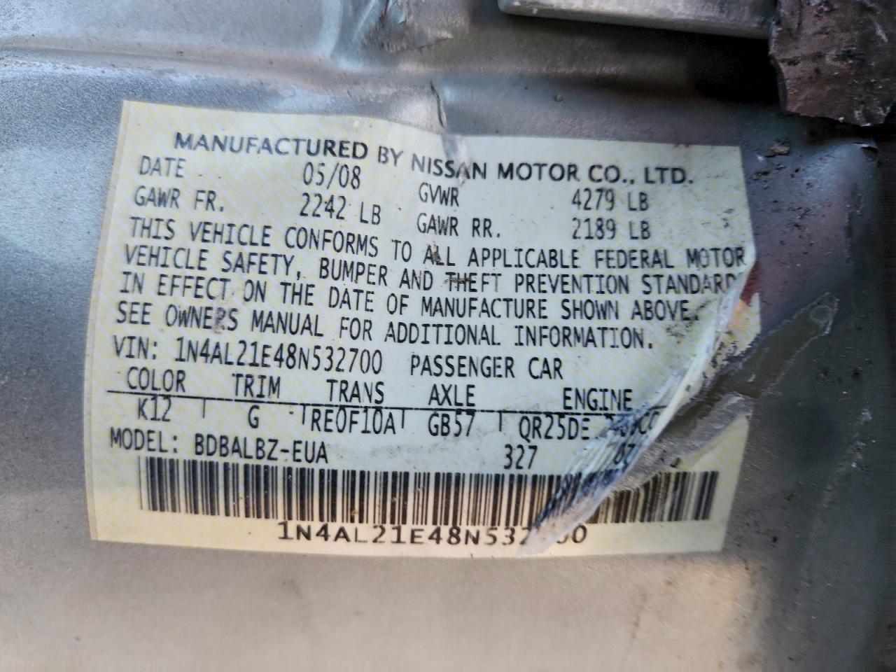 2008 Nissan Altima 2.5 VIN: 1N4AL21E48N532700 Lot: 94542845