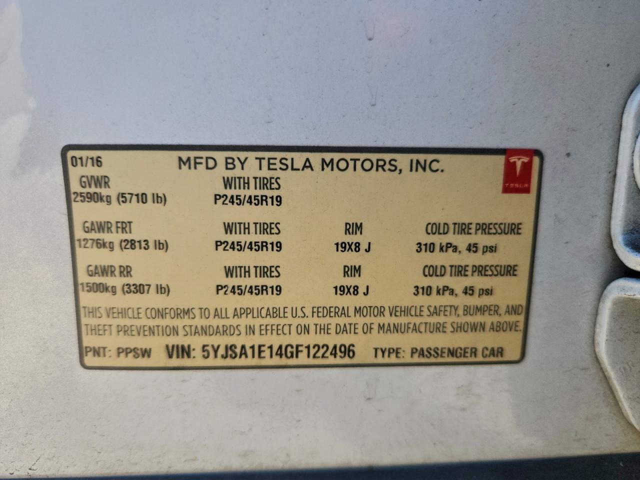 2016 Tesla Model S VIN: 5YJSA1E14GF122496 Lot: 94600655