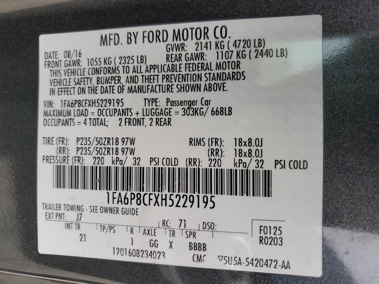 2017 Ford Mustang Gt VIN: 1FA6P8CFXH5229195 Lot: 92265055