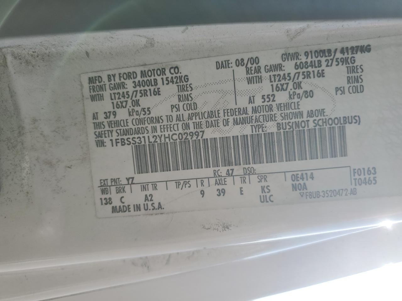 2000 Ford Econoline E350 Super Duty Wagon VIN: 1FBSS31L2YHC02997 Lot: 91029705