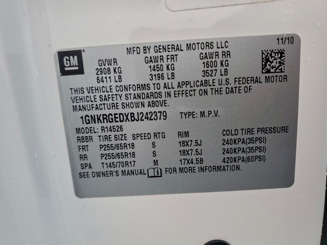 2011 Chevrolet Traverse Lt VIN: 1GNKRGEDXBJ242379 Lot: 94181925