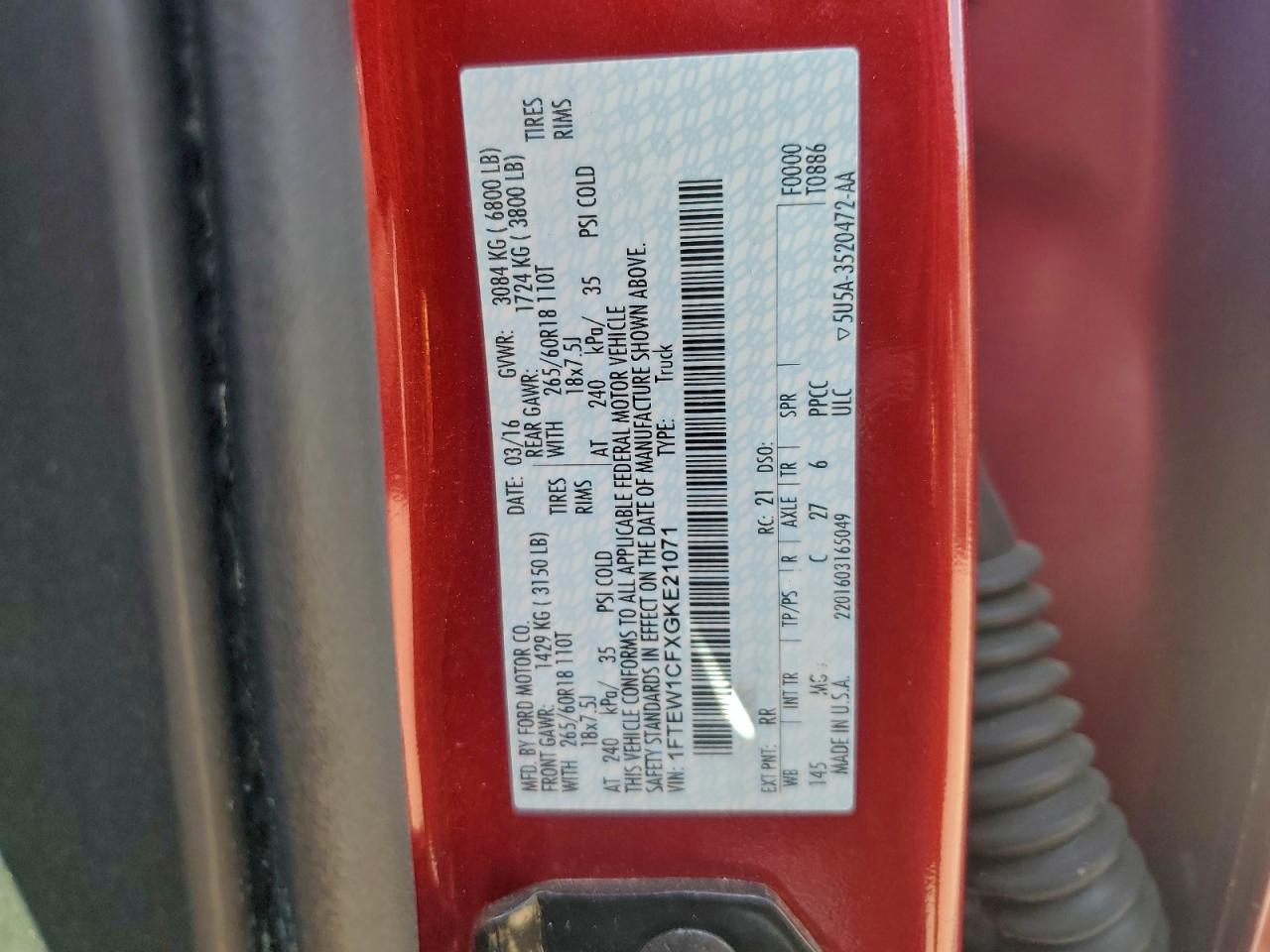 2016 Ford F150 Supercrew VIN: 1FTEW1CFXGKE21071 Lot: 93970435