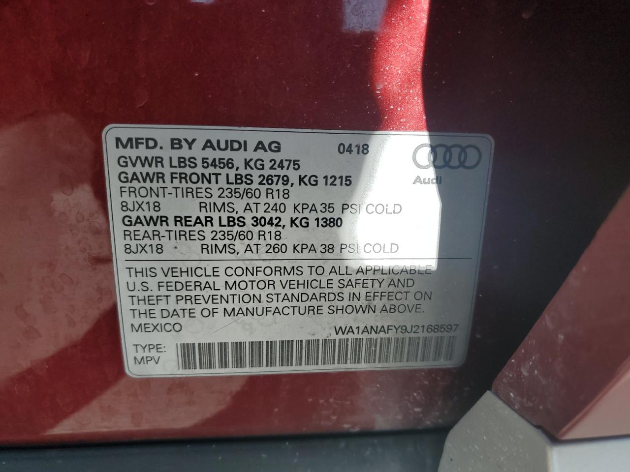 2018 Audi Q5 Premium VIN: WA1ANAFY9J2168597 Lot: 92072055