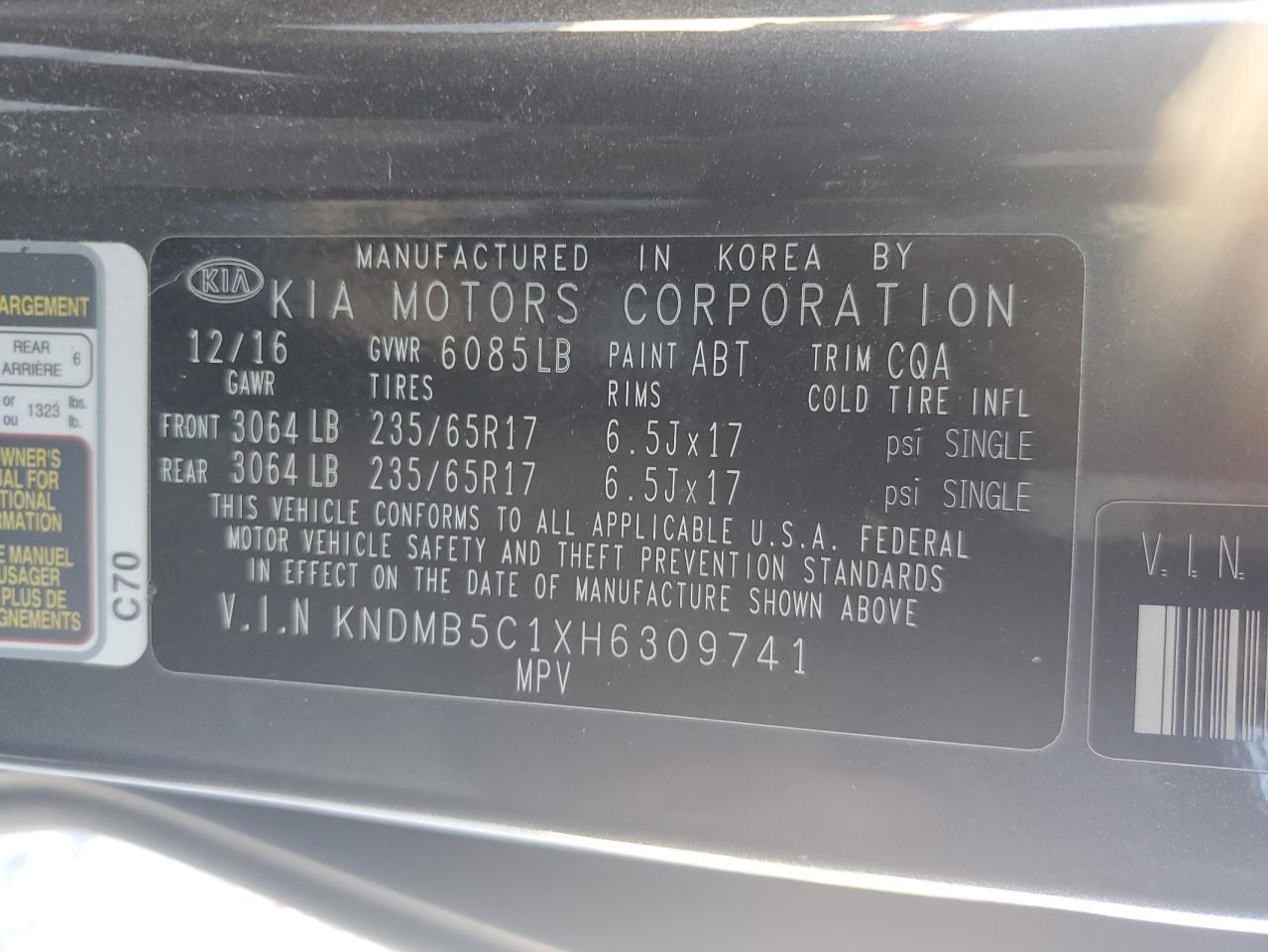 2017 Kia Sedona Lx VIN: KNDMB5C1XH6309741 Lot: 92866165