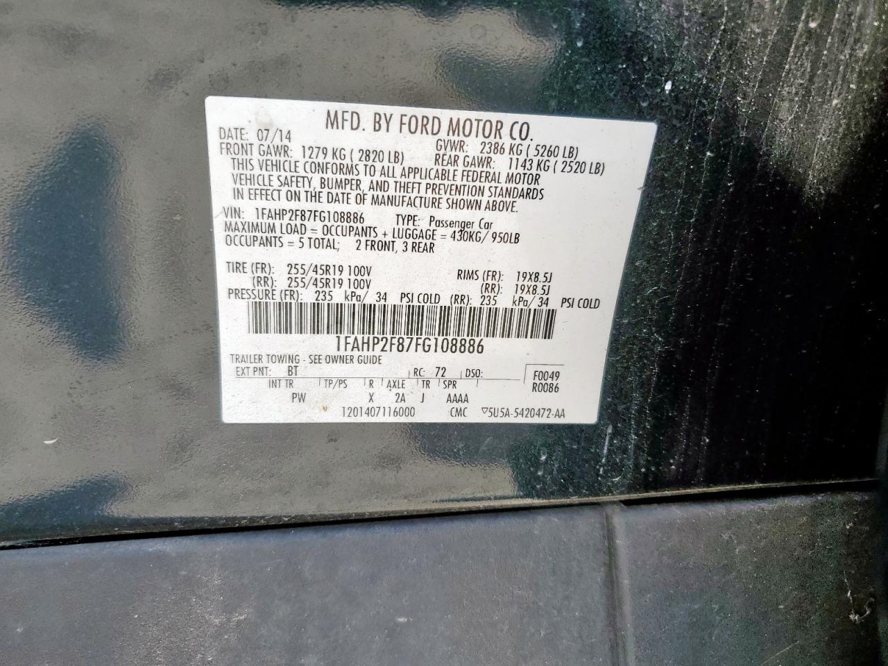 2015 Ford Taurus Limited VIN: 1FAHP2F87FG108886 Lot: 92944215