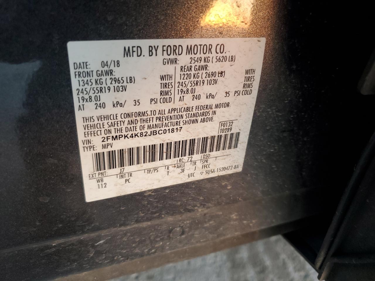 2018 Ford Edge Titanium VIN: 2FMPK4K82JBC01817 Lot: 93066595