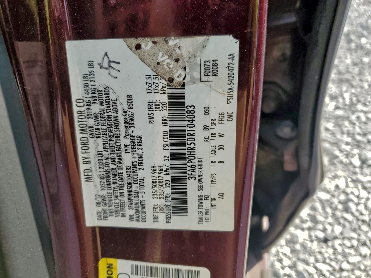 2013 Ford Fusion Se VIN: 3FA6P0HR5DR104083 Lot: 94285305