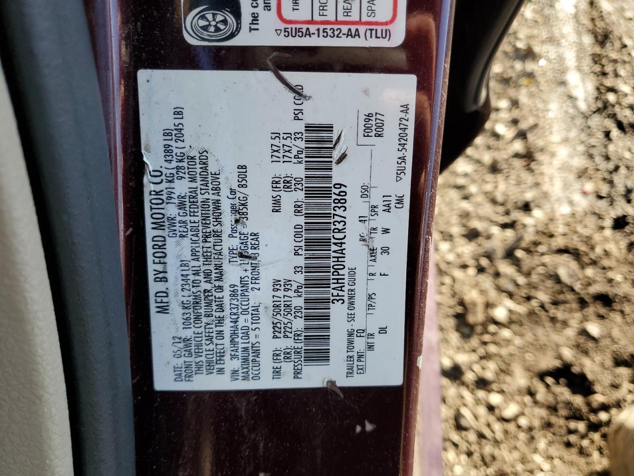 2012 Ford Fusion Se VIN: 3FAHP0HA4CR373869 Lot: 82434355