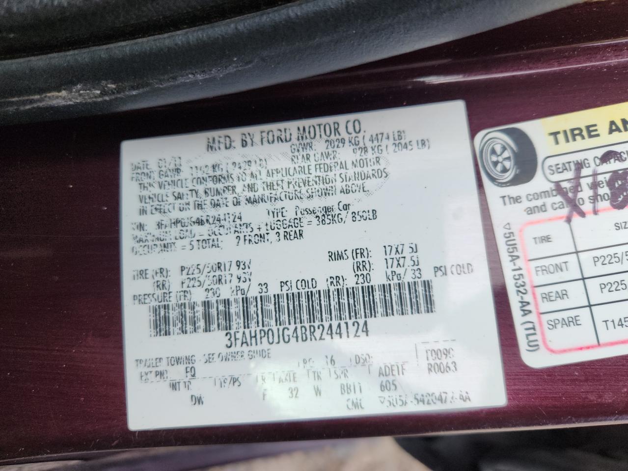 2011 Ford Fusion Sel VIN: 3FAHP0JG4BR244124 Lot: 92315535