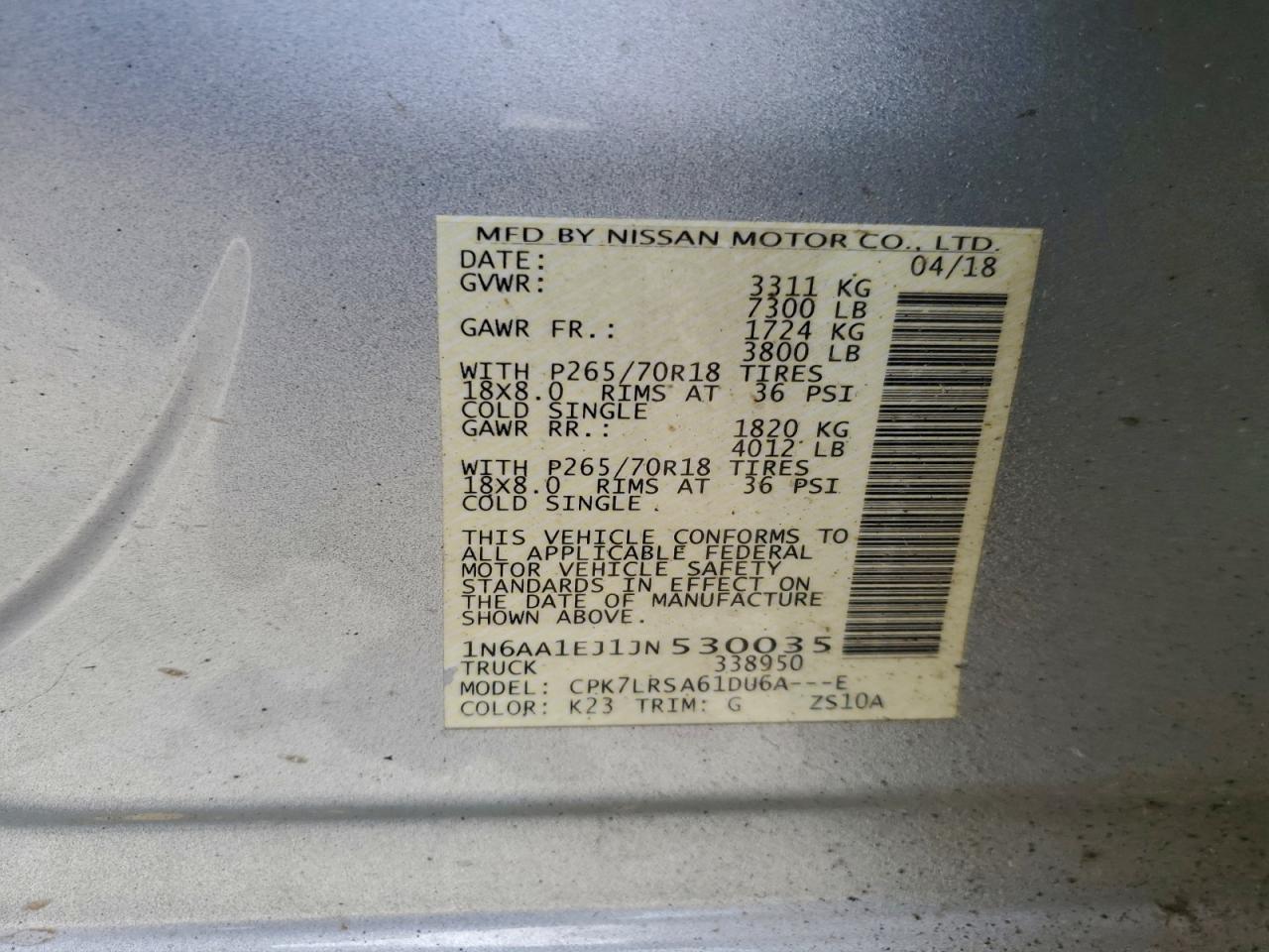 2018 Nissan Titan S VIN: 1N6AA1EJ1JN530035 Lot: 94316445