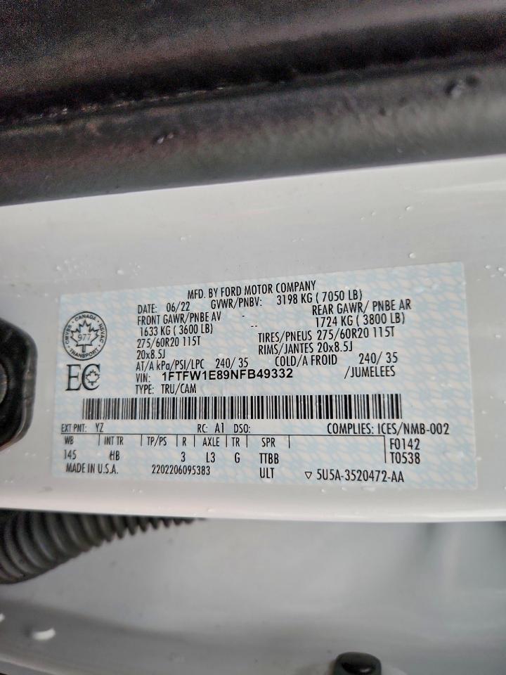 2022 Ford F150 Supercrew VIN: 1FTFW1E89NFB49332 Lot: 94534665