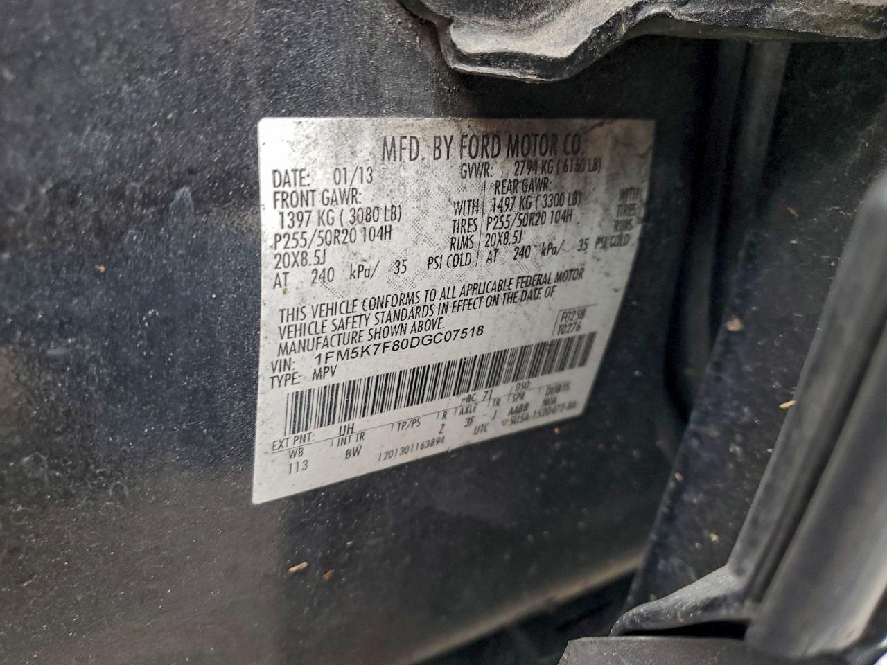2013 Ford Explorer Limited VIN: 1FM5K7F80DGC07518 Lot: 93658605